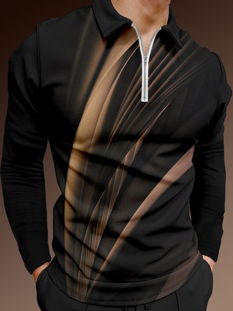 Casual Art Collection 3D Gradient Line Geometric Pattern Lapel Zip Long Sleeve Print Polo Shirt