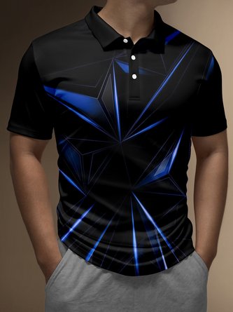 Casual Art Collection 3D Gradient Geometric Stripes Color Block Pattern Lapel Button Short Sleeve Print Polo Shirt