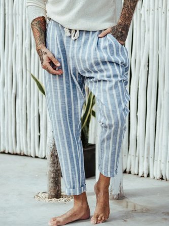 Men's Cotton Linen Striped Casual Trousers