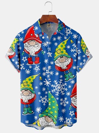 Snowflake Christmas Chest Pocket Short Sleeve Shirt Christmas Collection Lapel Print Top