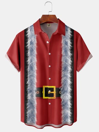 Christmas Pocket Short Sleeve Shirt Casual Hawaiian Collection Red Print Top