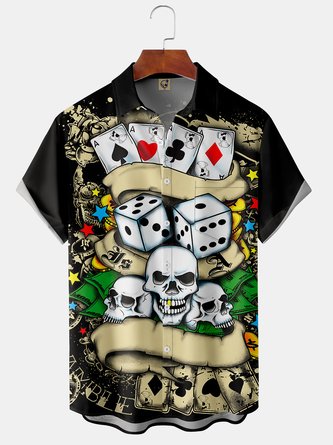 Poker Skull Chest Pocket Short Sleeve Hawaiian Shirt