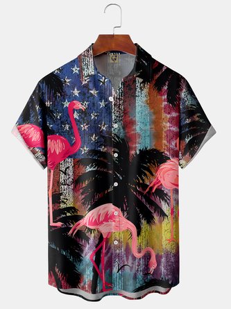 Tie Dye National Flag Flamingo Chest Pocket Short Sleeve Hawaiian Shirt