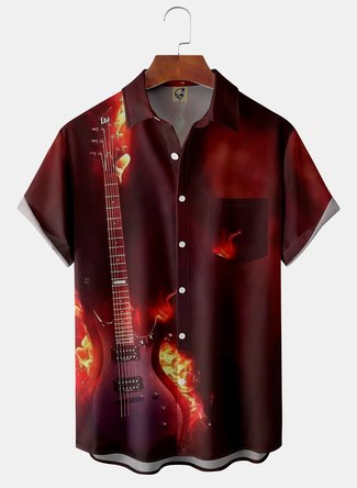 Rock Guitar Chest Pocket Short Sleeve Casual Shirt
