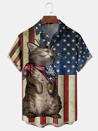 America Flag Cat Chest Pocket Short Sleeve Shirt