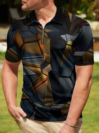 Abstract Geometric Zip Short Sleeve Polo Shirt
