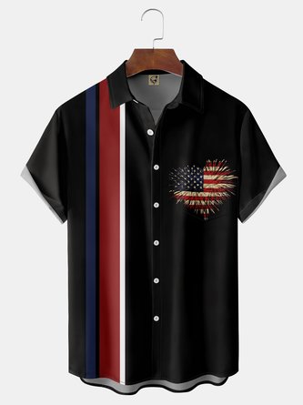 American Flag Chest Pocket Short Sleeve Bowling Shirt