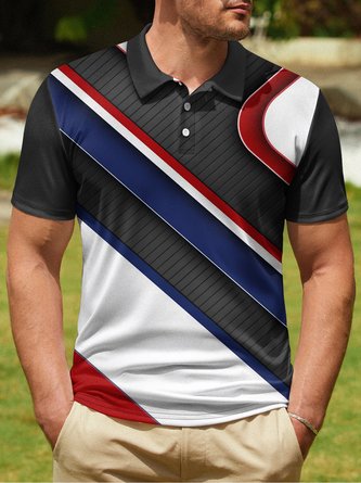 Geometric Color Block Stripe Button Short Sleeve Golf Polo