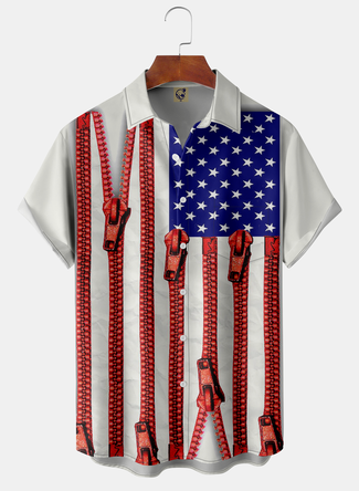American Flag Zipper Chest Pocket Short Sleeve Casual Shirt