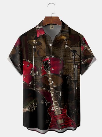 Music Drum Kit Chest Pocket Short Sleeve Casual Shirt