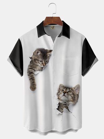 Fun Cat Chest Pocket Short Sleeve Casual Shirt