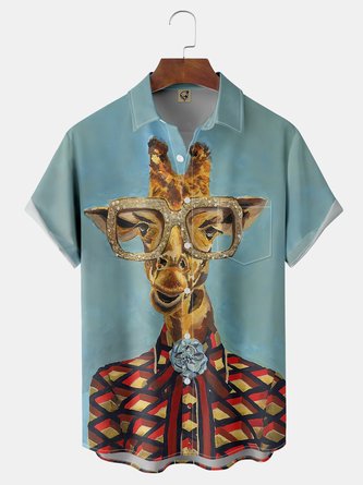 Funky Giraffe Chest Pocket Short Sleeve Casual Shirt