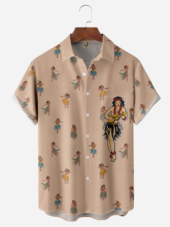 Hula Girl Chest Pocket Short Sleeve Hawaiian Shirt