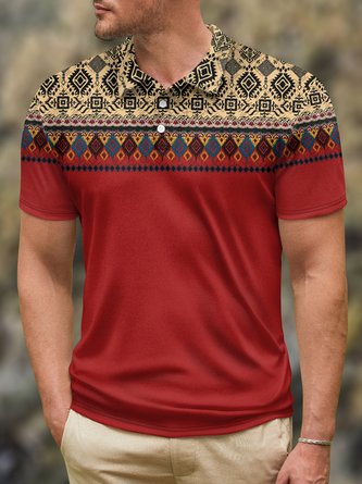 Ethnic Geometric Button Short Sleeve Polo Shirt