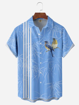 Bamboo Leaf Parrot Chest Pocket Short Sleeve Bowling Shirt