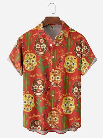 Cinco de Mayo Skulls Chest Pocket Short Sleeve Casual Shirt