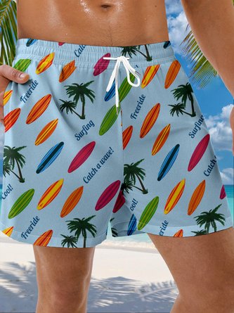 Coconut Tree Surfboard Drawstring Beach Shorts