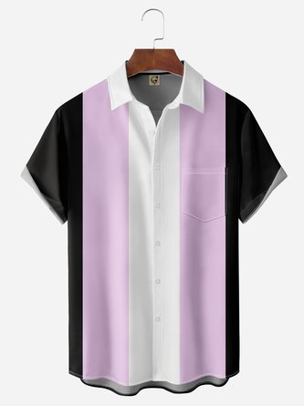 Color Block Chest Pocket Short Sleeves Bowling Shirts