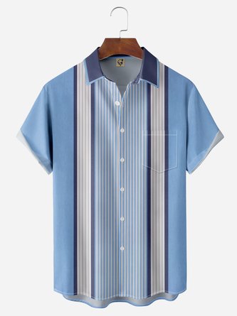 Geometric Color Block Chest Pocket Short Sleeve Bowling Shirt