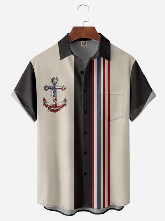 American Flag Anchor Chest Pocket Short Sleeve Bowling Shirt