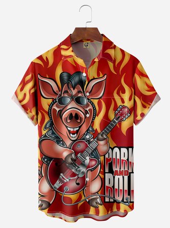 Pig Guitar Chest Pocket Short Sleeve Casual Shirt