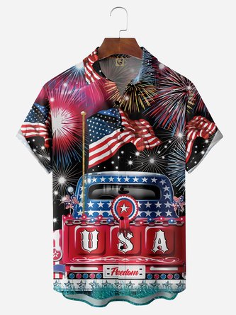 American Flag Car Chest Pocket Short Sleeve Casual Shirt