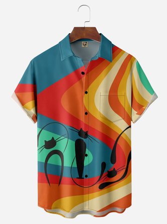 Mid Century Geometry Cat Chest Pocket Short Sleeve Bowling Shirt