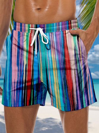 Color Stripes Drawstring Beach Shorts