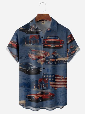 American Flag Car Chest Pocket Short Sleeves Casual Shirts