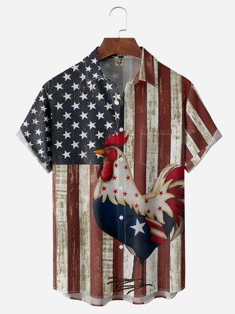 Flag Rooster Chest Pocket Short Sleeve Casual Shirt