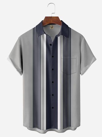 Geometric Stripe Chest Pocket Short Sleeves Bowling Shirt