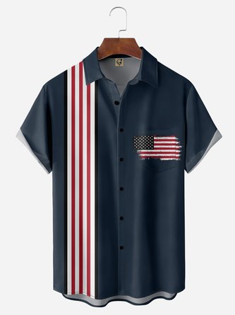 American Flag Chest Pocket Short Sleeves Bowling Shirts