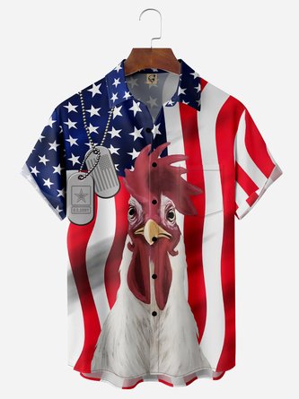 American Flag Fun Rooster Breast Pocket Short Sleeve Casual Shirt