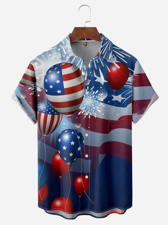 American Flag Balloon Chest Pocket Short Sleeve Casual Shirt
