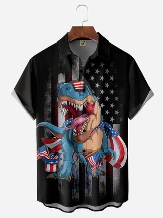 US Flag Dinosaur Chest Pocket Short Sleeve Casual Shirt