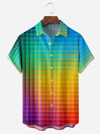 Gradient Color Plaid Chest Pocket Short Sleeve Casual Shirt