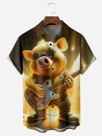 Rock Guitar Pig Chest Pocket Short Sleeve Casual Shirt
