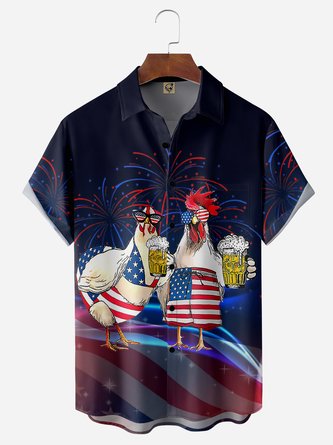 American Flag Fun Chicken Chest Pocket Short Sleeve Casual Shirt