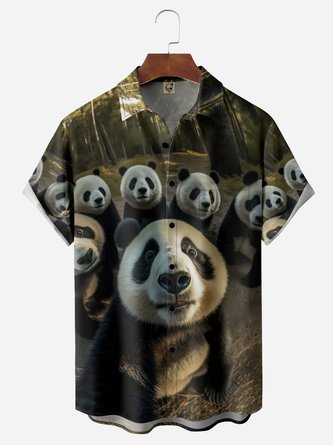 Panda Selfie Chest Pocket Short Sleeve Casual Shirt