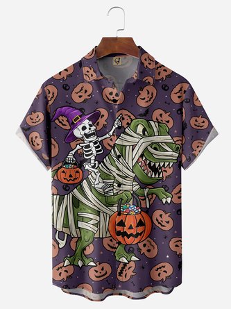 Halloween Pumpkin Dinosaur Chest Pocket Short Sleeve Shirt