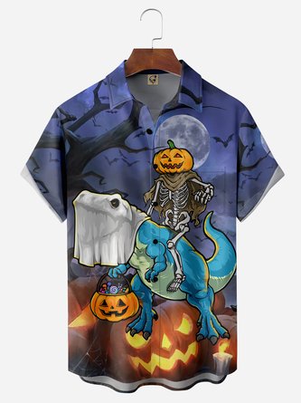 Halloween Dinosaur Chest Pocket Short Sleeve Casual Shirt