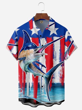 American Flag Sailfish Chest Pocket Short Sleeve Casual Shirt