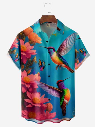 Floral Hummingbird Chest Pocket Short Sleeve Hawaiian Shirt