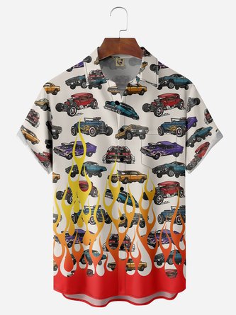 Retro Flame Muscle Car Chest Pocket Short Sleeve Casual Shirt