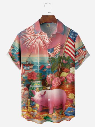 USA Flag Pig Chest Pocket Short Sleeve Casual Shirt