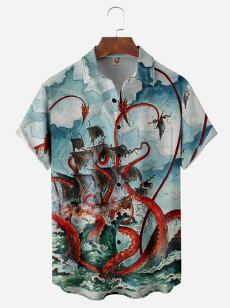 Japanese Octopus Chest Pocket Short Sleeve Hawaiian Shirt