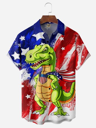 American Flag Dinosaur Chest Pocket Short Sleeve Casual Shirt