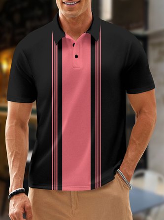 Striped Button Short Sleeve Bowling Polo Shirt