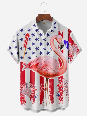 American Flag Flamingo Chest Pocket Short Sleeve Hawaiian Shirt
