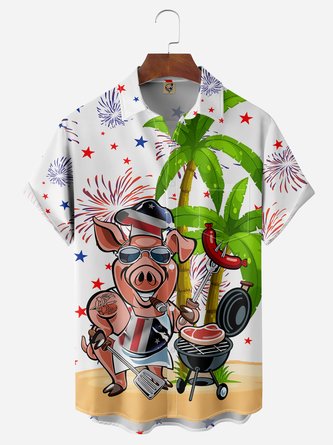 American Flag BBQ Pig Coconut Tree Chest Pocket Short Sleeve Hawaiian Shirt